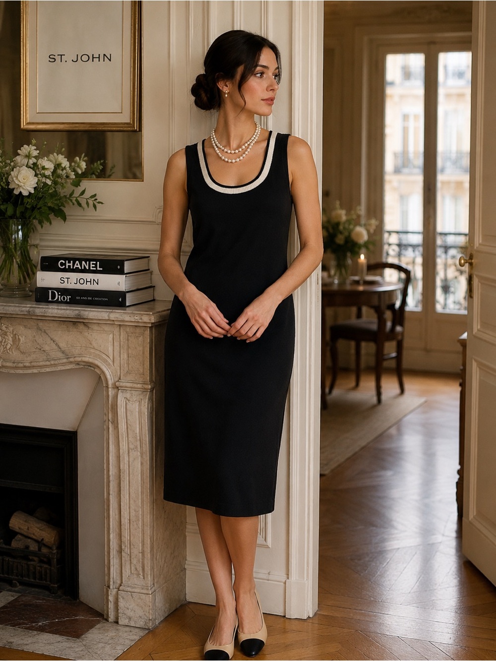 St. John Black Knit Sleeveless Sheath Dress with Cream Scoop Trim | Size 8
